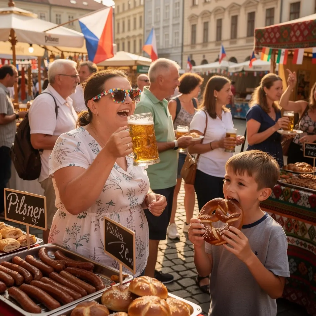Pohled na malebné náměstí v historickém centru Prahy s lidmi procházejícími kolem.