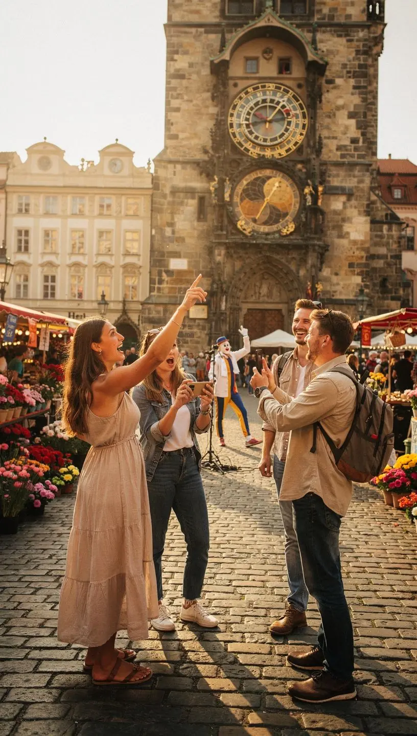 Záběr na malebné uličky Českého Krumlova s místními obchody a kavárnami.